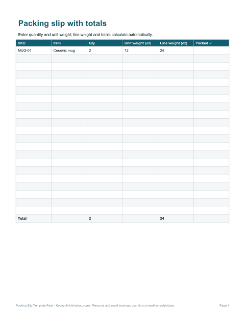 Preview of the first page of Excel slip (XLSX)